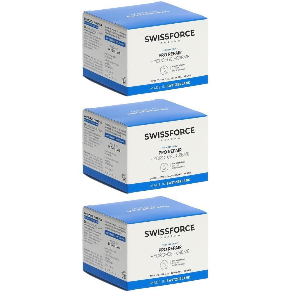 Drei quadratische Faltschachteln. Aufschrift: SWISSFORCE, PRO REPAIR HYDRO-GEL-CREME. Blaue Deckel, weiße Seiten. Hergestellt in der Schweiz.