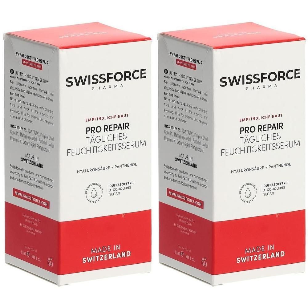 Zwei rechteckige Faltschachteln. Aufschrift: SWISSFORCE, PRO REPAIR, tägliches Feuchtigkeitsserum. Rot-weiße Verpackung. Hergestellt in der Schweiz.