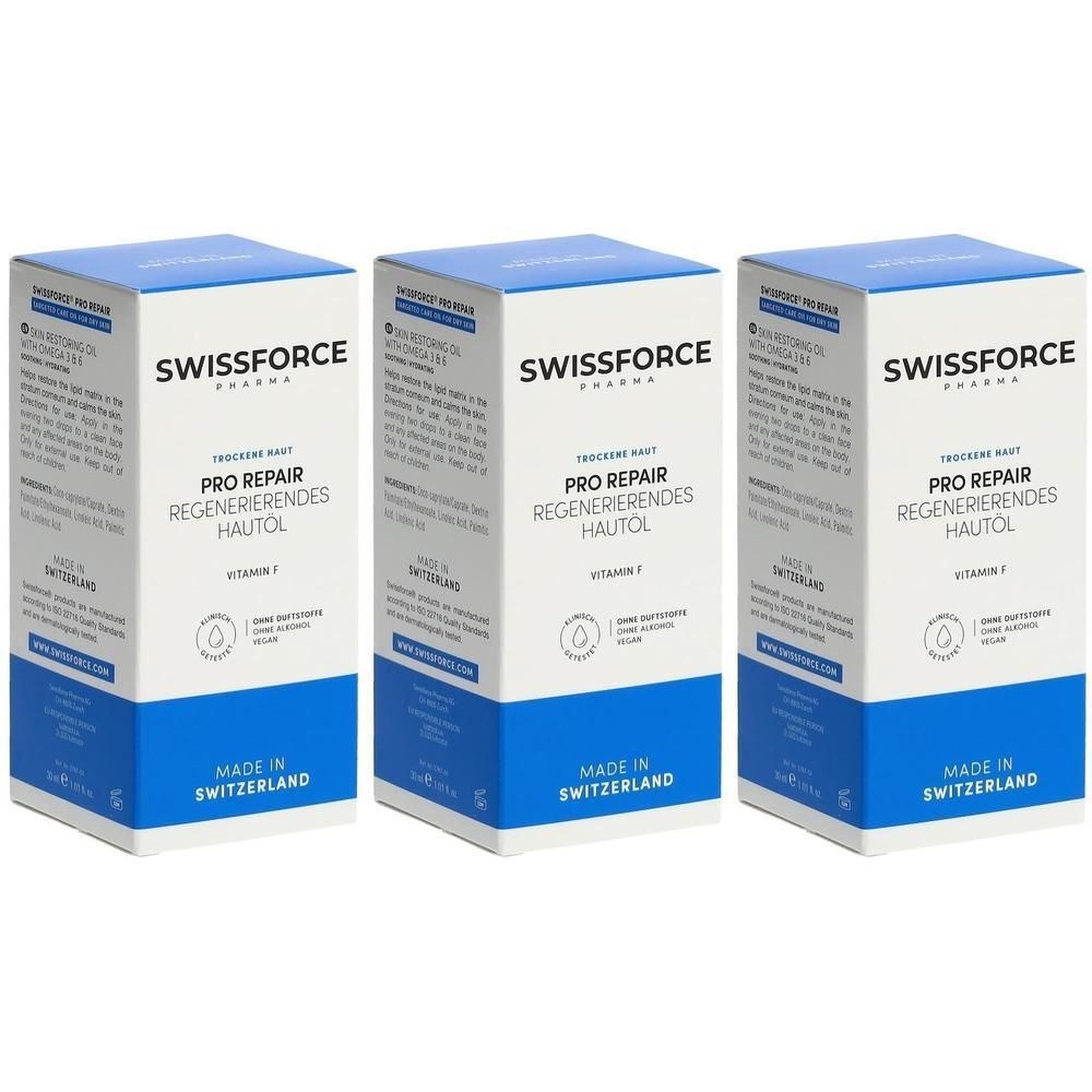 Trois boîtes rectangulaires bleues et blanches. Inscription : SWISSFORCE, PRO REPAIR, REGENERIERENDES HAUTOL. Fabriqué en Suisse.