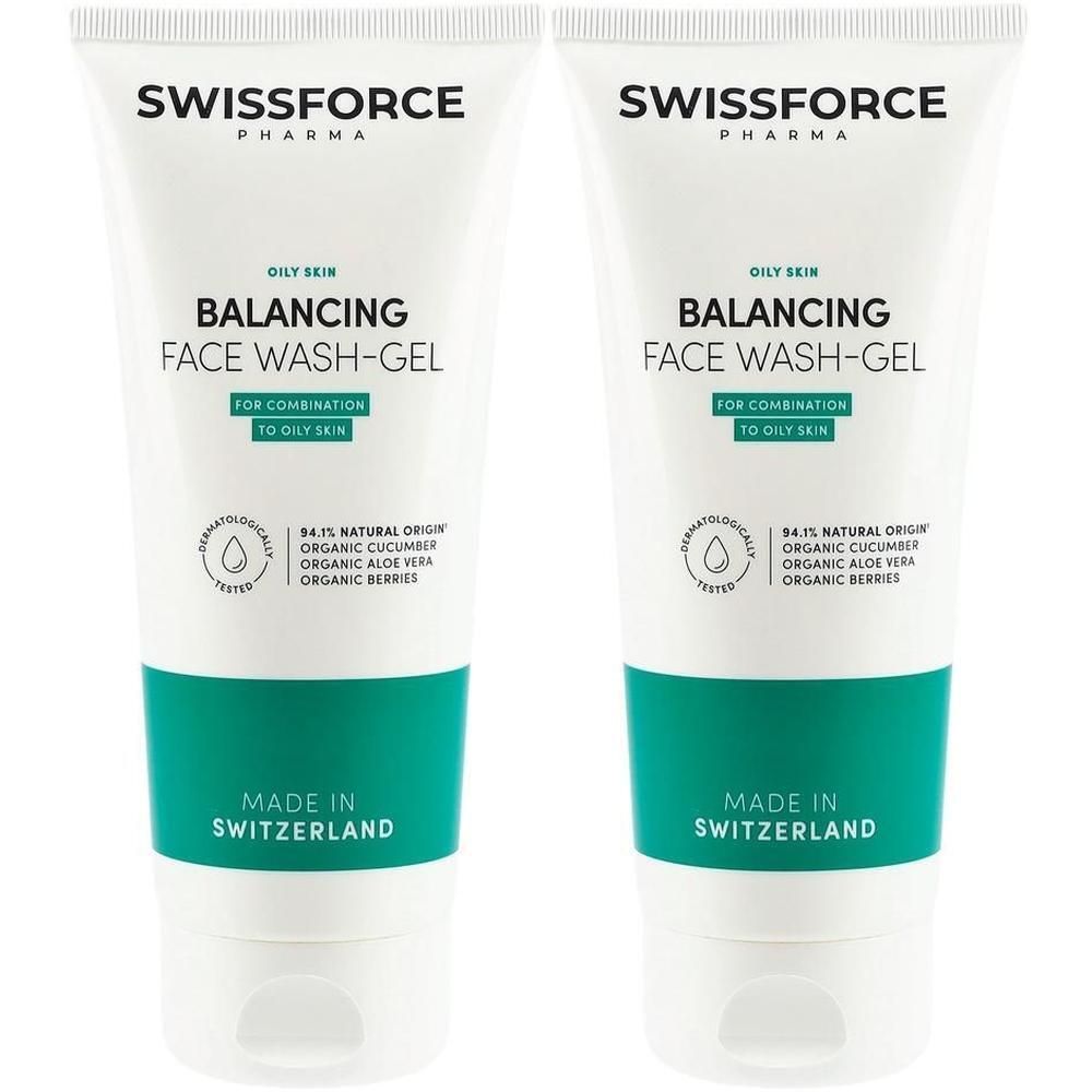 Zwei Tuben Reinigungsgel. Weiß, grün und Schriftzug. Aufschrift: SWISSFORCE, BALANCING FACE WASH-GEL. Hergestellt in der Schweiz.