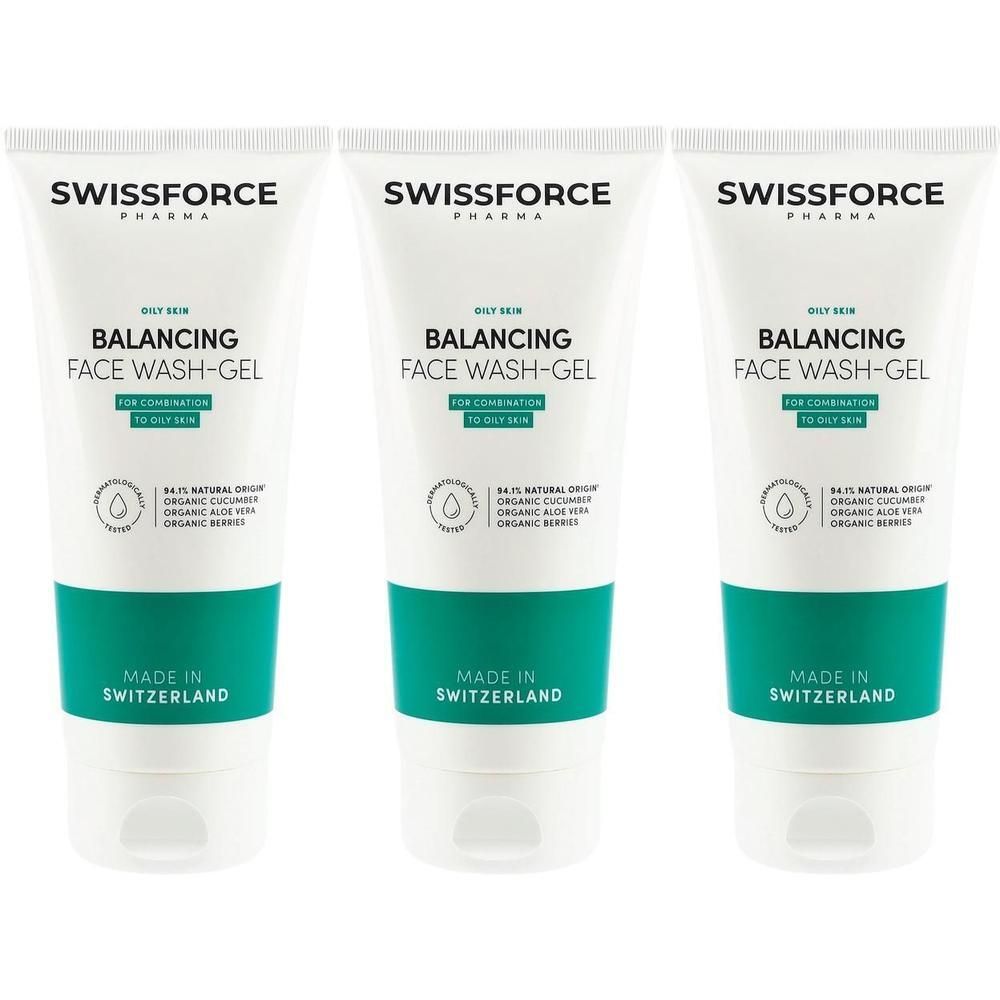 Drei Tuben mit weißem Hintergrund. Auf jeder Tube steht "SWISSFORCE" und "BALANCING FACE WASH-GEL". Unterhalb grüner Streifen steht "MADE IN SWITZERLAND".