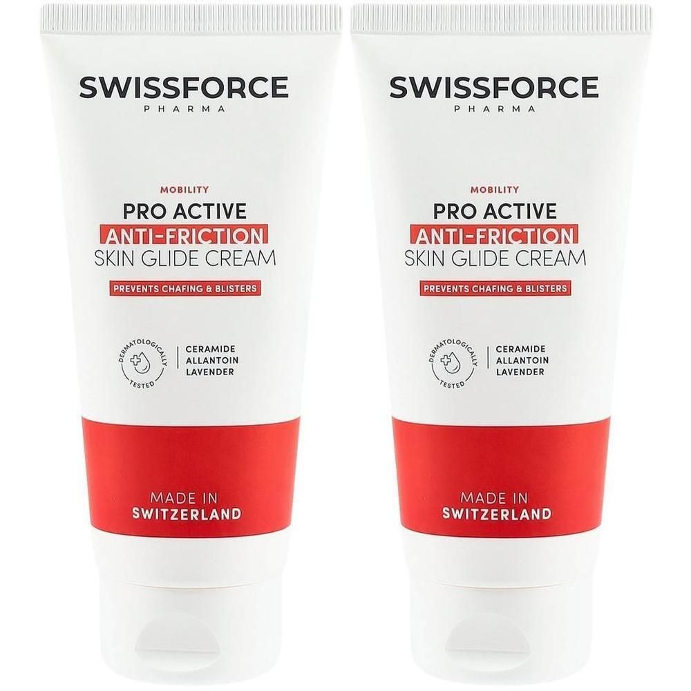 Zwei Tuben Creme. Weiß mit rotem Streifen. Aufschrift: SWISSFORCE, PRO ACTIVE ANTI-FRICTION SKIN GLIDE CREAM. Hergestellt in der Schweiz.