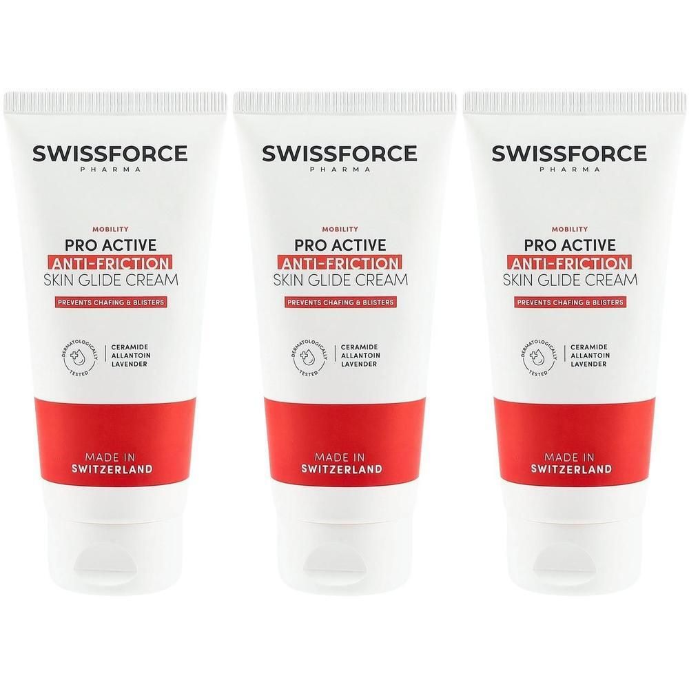 Drei Tuben mit weißem und rotem Design. Aufschrift: SWISSFORCE, PRO ACTIVE ANTI-FRICTION SKIN GLIDE CREAM.