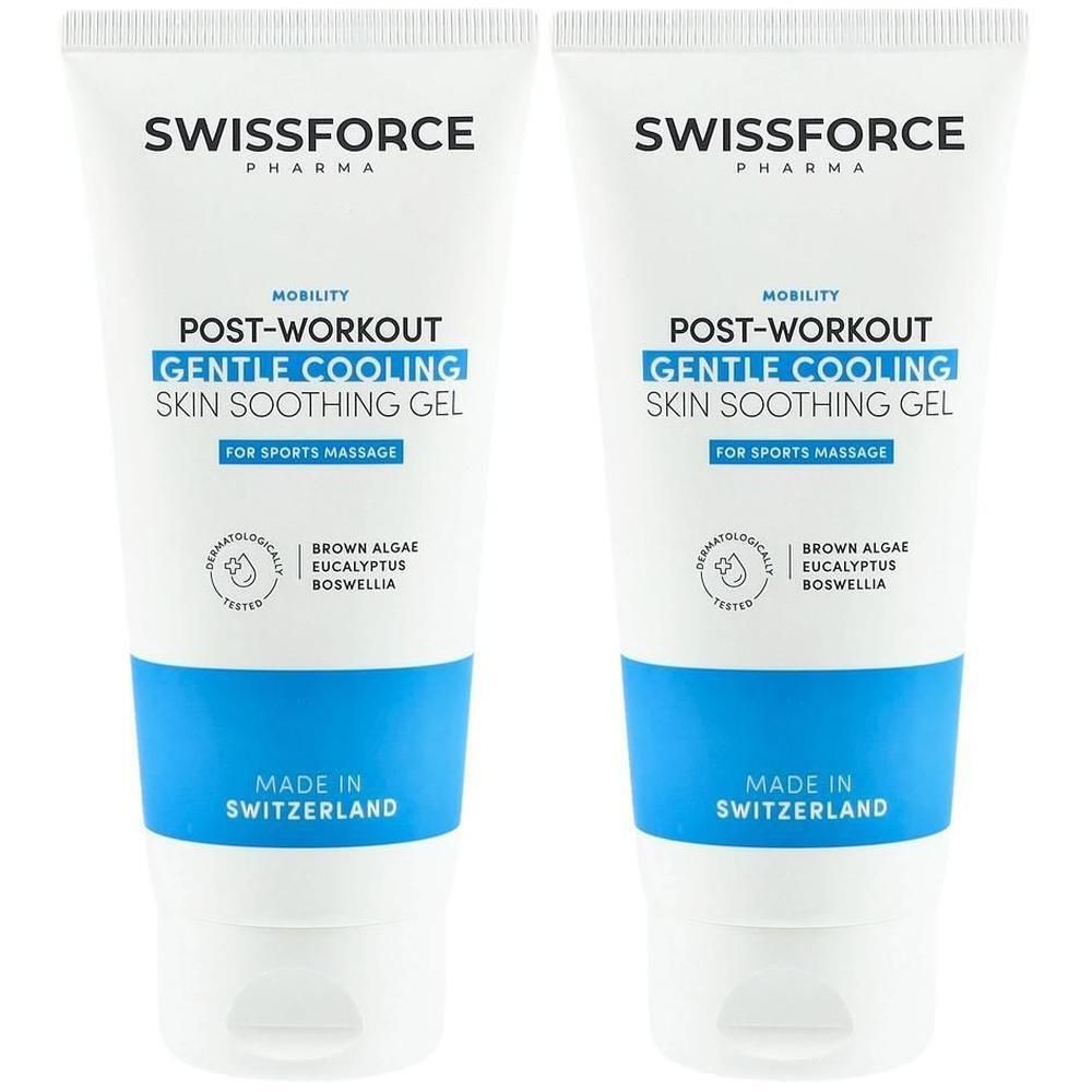 Zwei Tuben mit weiß-blauer Verpackung. Aufschrift: SWISSFORCE, Post-Workout Gentle Cooling Skin Soothing Gel. Hergestellt in der Schweiz.