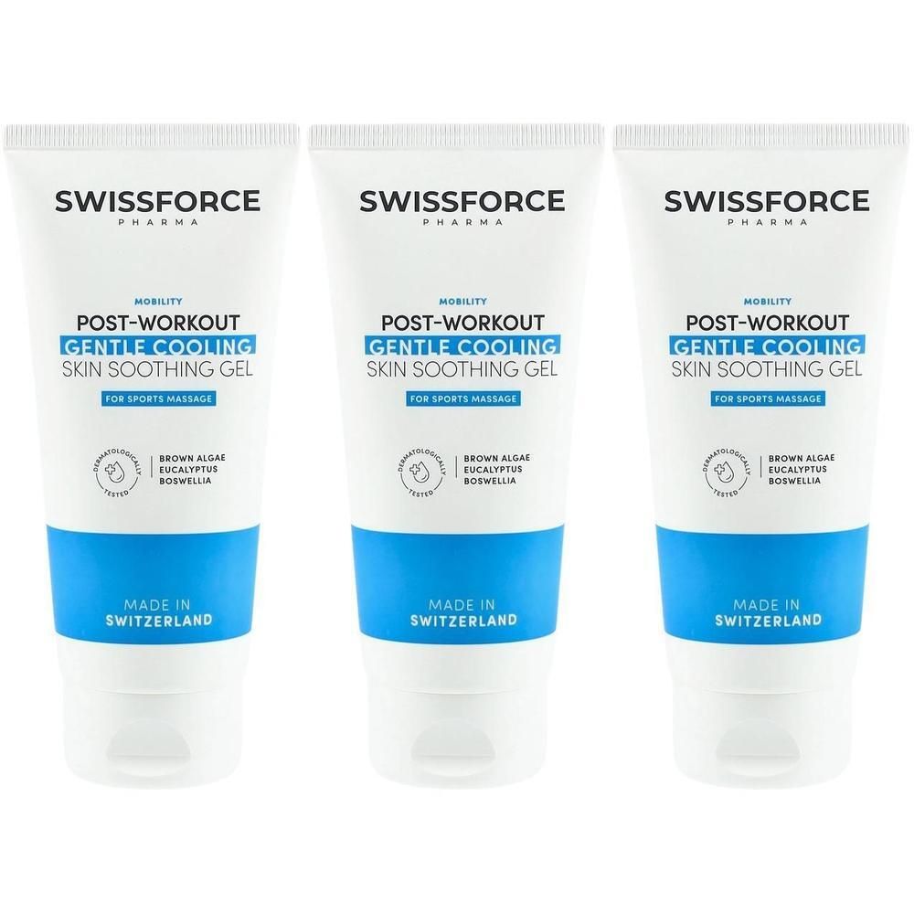 Drei Tuben mit weißem Deckel und blauem Streifen. Aufschrift: SWISSFORCE, Post-Workout, Gentle Cooling Skin Soothing Gel.