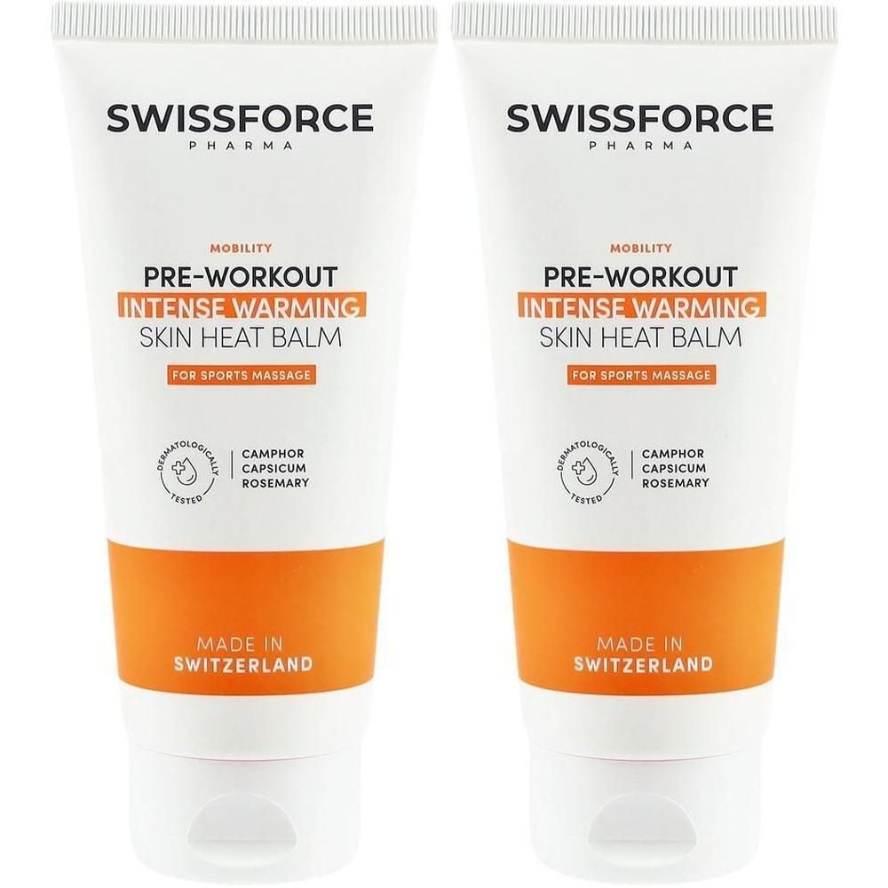 Zwei Tuben mit weißem Hintergrund, orangefarbenem Mittelteil und weißem Deckel. Aufschrift: SWISSFORCE, PRE-WORKOUT, INTENSE WARMING SKIN HEAT BALM.