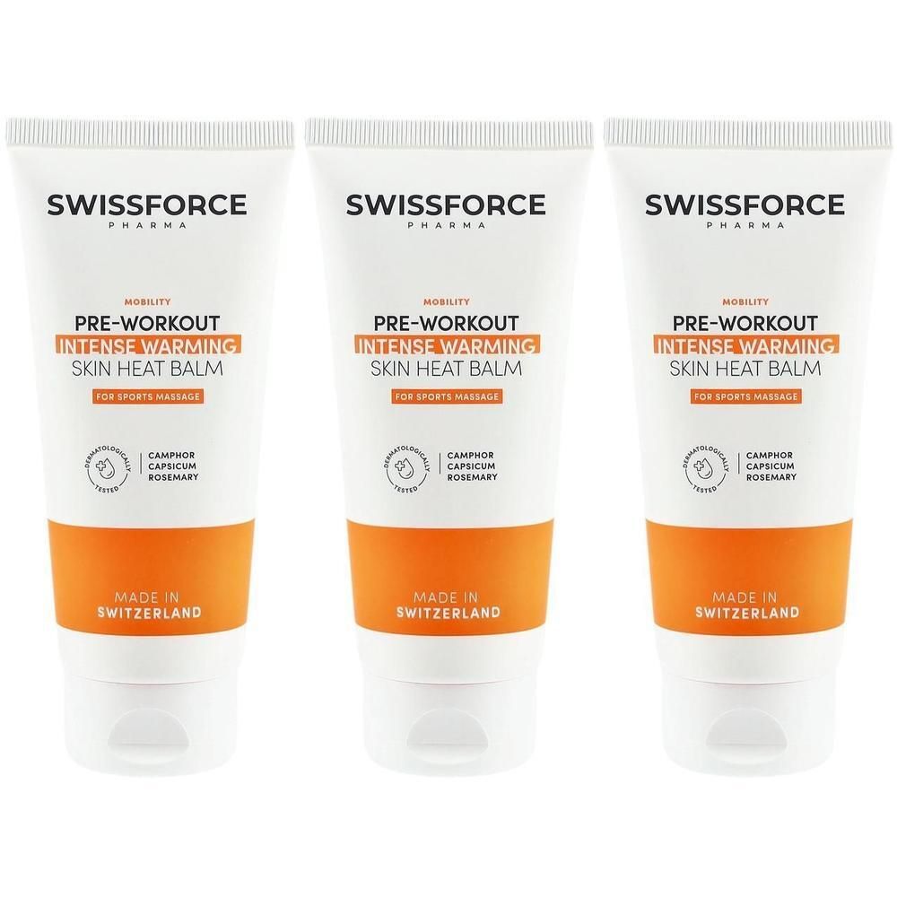 Drei Tuben mit weißem und orangefarbenem Design. Text: SWISSFORCE, PRE-WORKOUT, SKIN HEAT BALM. Hergestellt in der Schweiz.
