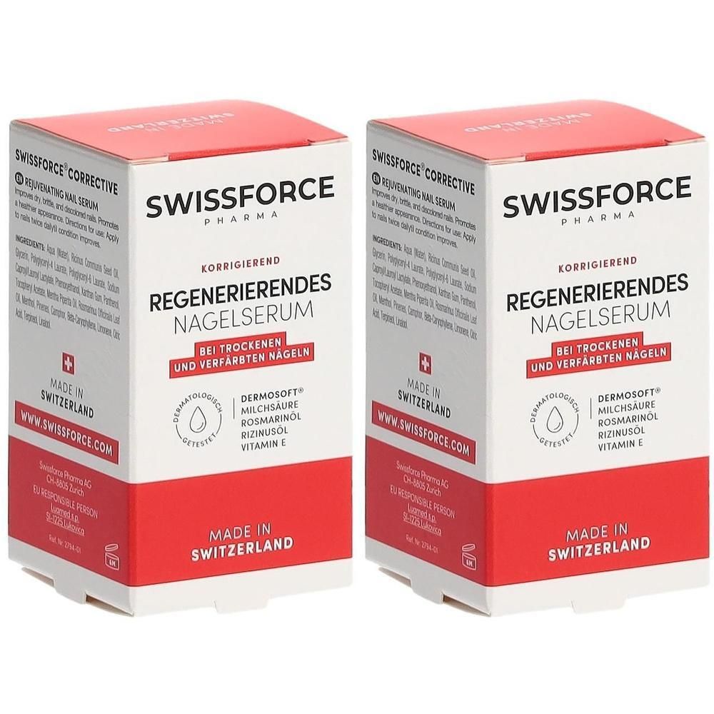 Zwei rechteckige Kartons. Aufdruck: Swissforce Pharma, Regenerierendes Nagelserum, bei trockenen und verfärbten Nägeln. Hergestellt in der Schweiz.
