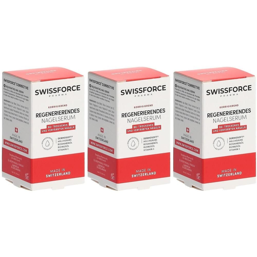 Drei Schachteln mit roter und weißer Aufmachung. Auf jeder Schachtel steht "SWISSFORCE Regenerierendes Nagelserum". Hergestellt in der Schweiz.