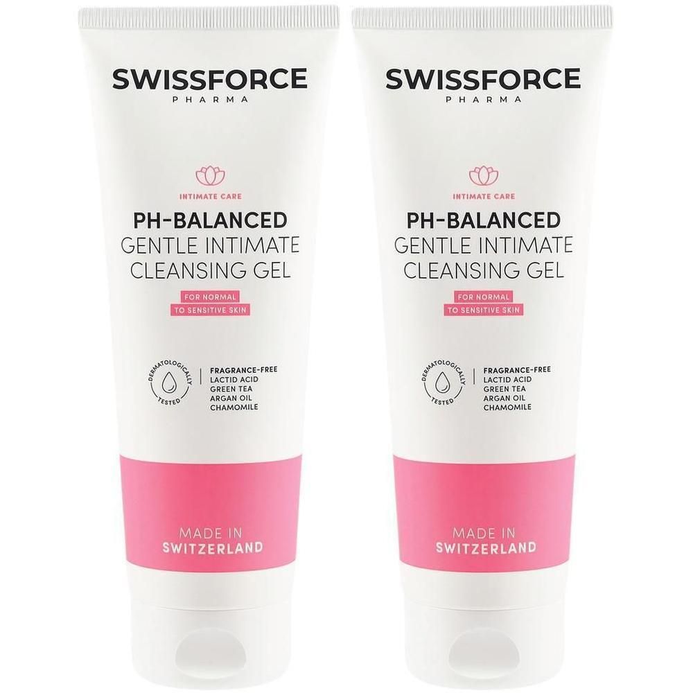 Zwei Tuben Intimreinigungsgel. Weiß mit rosa Akzenten. Aufschrift: SWISSFORCE, PH-BALANCED, GENTLE INTIMATE CLEANSING GEL.