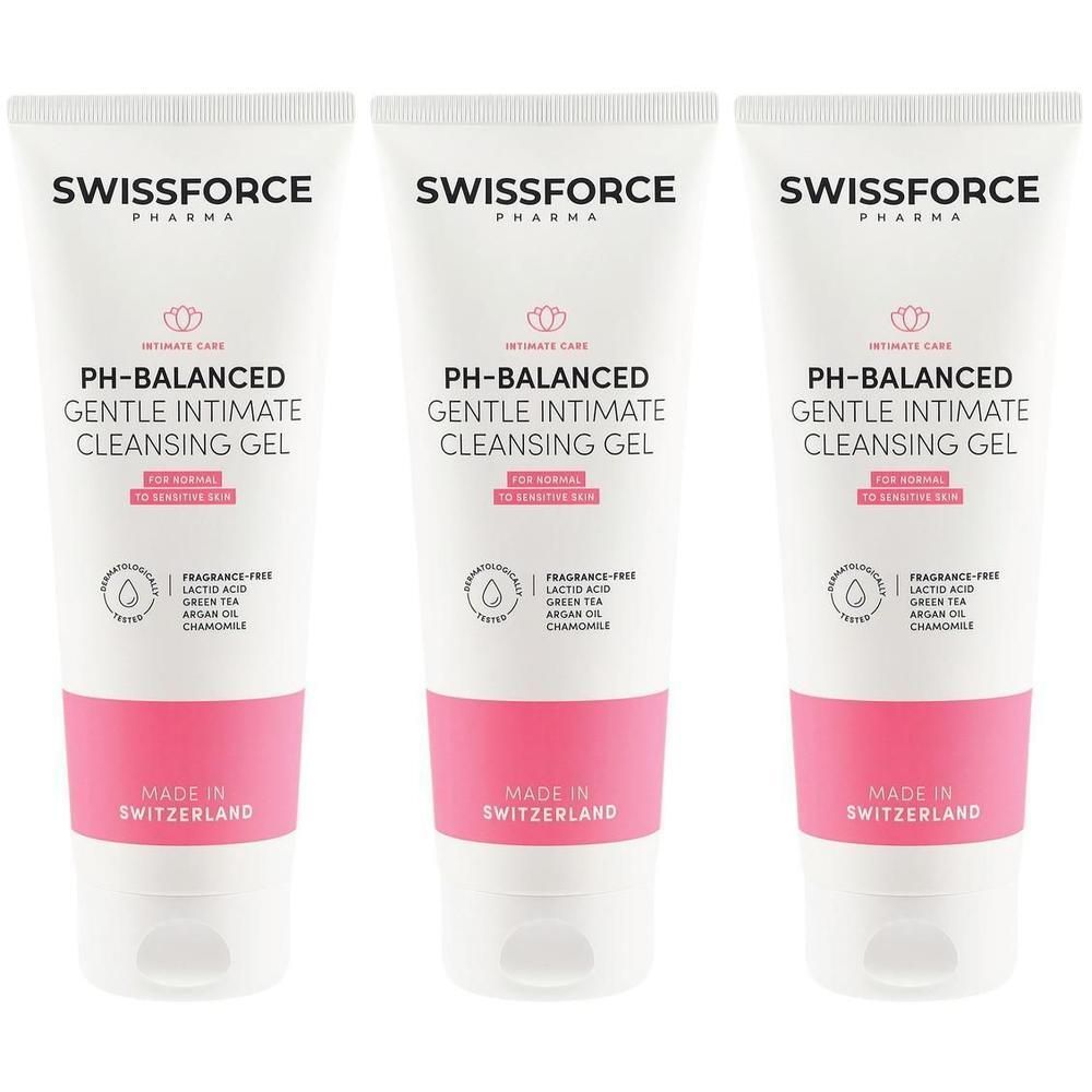 Drei Tuben Intimreinigungsgel. Weiß mit pinkfarbenem Streifen. Aufschrift: SWISSFORCE, PH-BALANCED, MADE IN SWITZERLAND.