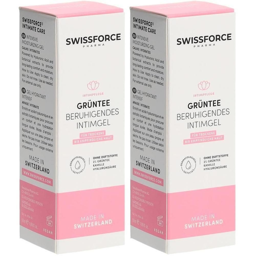 Zwei rechteckige Kartons mit rosa Akzenten. Aufschrift: SWISSFORCE Intimpflege, Grüntee beruhigendes Intimgel. Hergestellt in der Schweiz.