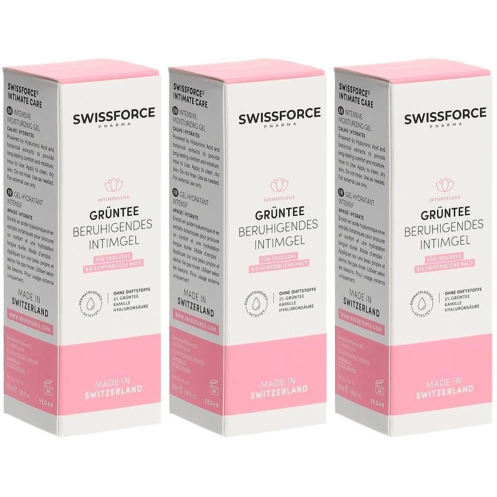 Drei rechteckige Kartons. Rosa Deckel und Unterteil, weißer Mittelteil. Schriftzug: SWISSFORCE, GRÜNTEE BERUHIGENDES INTIMGEL. Hergestellt in der Schweiz.