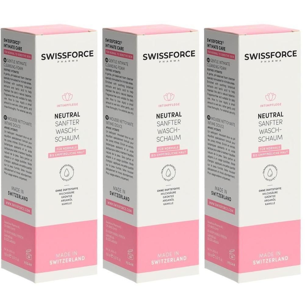 Drei rechteckige Verpackungen. Weiß mit rosa Akzenten. Aufschrift: SWISSFORCE, NEUTRAL SANFTER WASCH-SCHAUM.