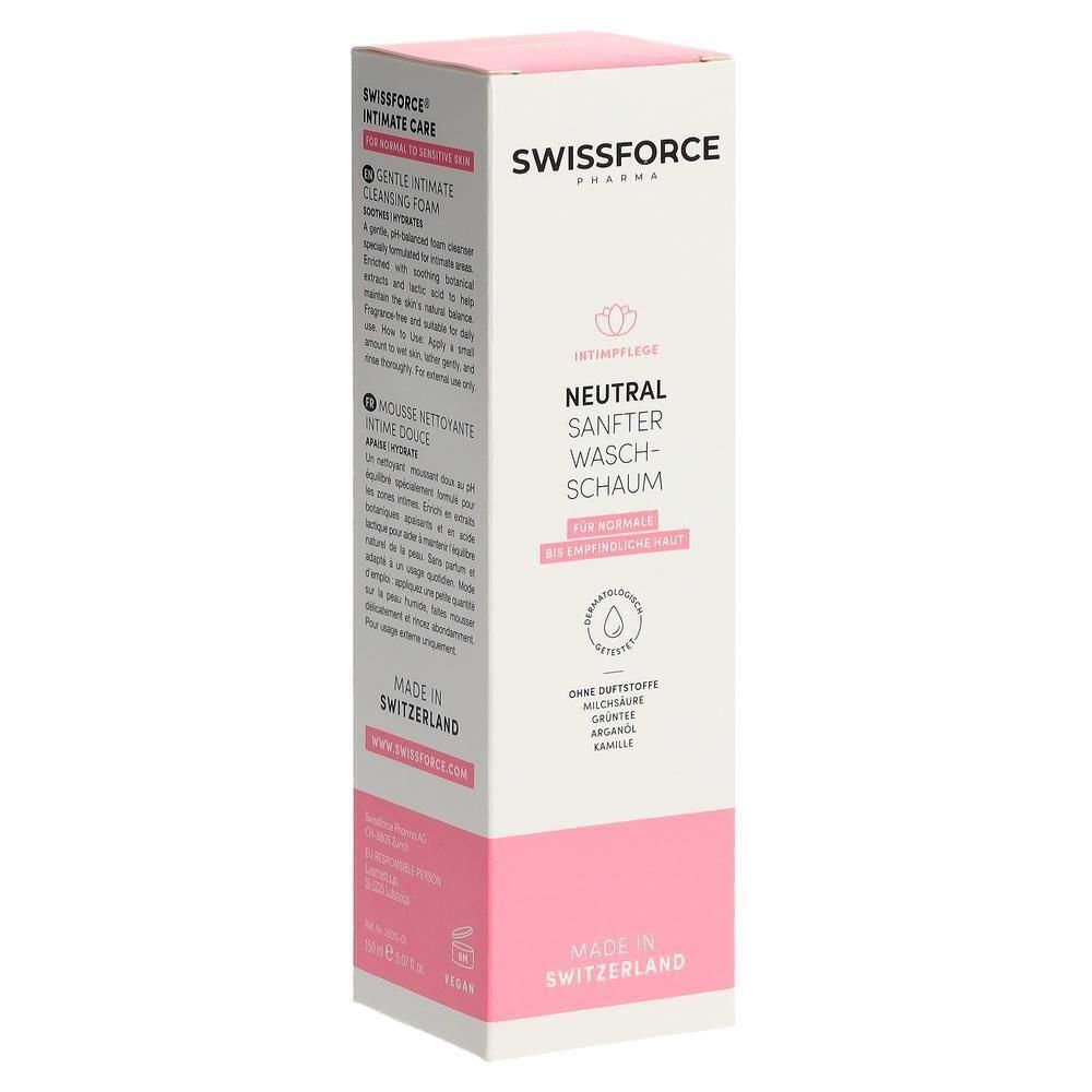 Verpackung von SWISSFORCE Int-Reinigungsschaum. Weiß und rosa, mit Produktnamen und Logo. Text: Neutral, sanfter Waschschaum.