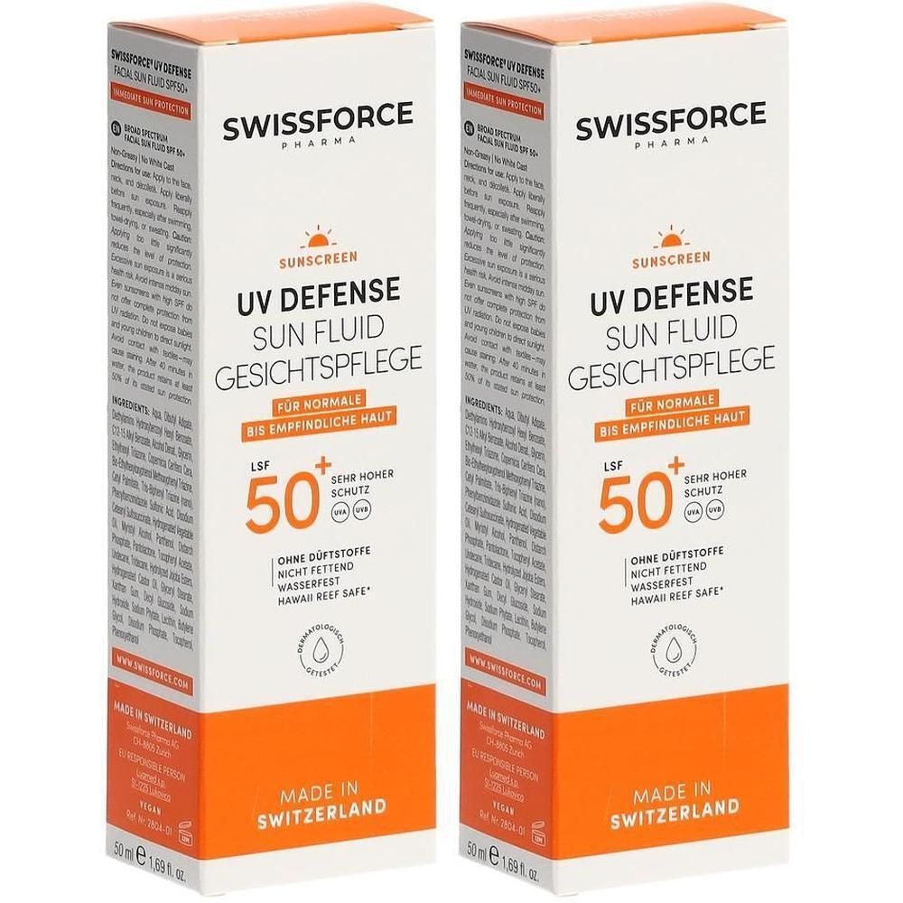Zwei rechteckige Faltschachteln. Aufdruck: SWISSFORCE, UV Defense Sun Fluid LSF 50+, für normale bis empfindliche Haut. Made in Switzerland.