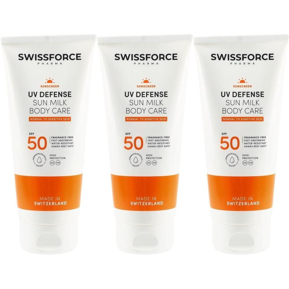 Drei Tuben Sonnenmilch. Weiß, mit orangefarbenem Abschnitt. Aufschrift: SWISSFORCE, UV DEFENSE, SUN MILK BODY CARE, LSF 50. Hergestellt in der Schweiz.