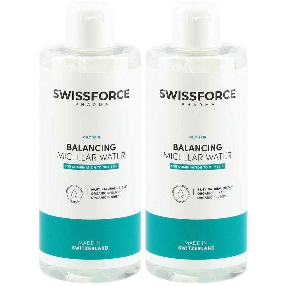 Zwei Flaschen Mizellenwasser. Aufschrift: SWISSFORCE, Balancing Micellar Water, für Mischhaut. Hergestellt in der Schweiz.