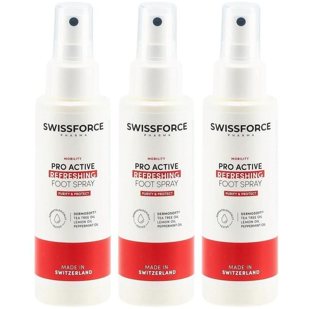 Drei weiße Sprühflaschen mit rotem Streifen. Aufschrift: Swissforce, Pro Active Refreshing Foot Spray. Hergestellt in der Schweiz.