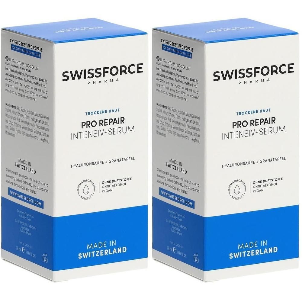 Zwei rechteckige Faltschachteln. Aufschrift: SWISSFORCE Pharma, Pro Repair Intensiv-Serum. Blaue und weiße Farbgebung. Hergestellt in der Schweiz.