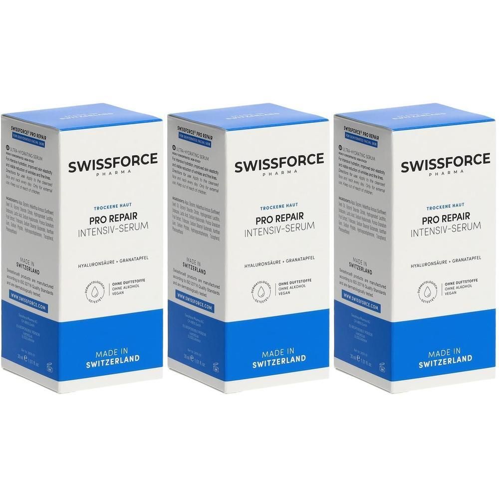 Drei weiße und blaue Kartons. Aufschrift: SWISSFORCE, PRO REPAIR INTENSIV-SERUM. Hergestellt in der Schweiz.