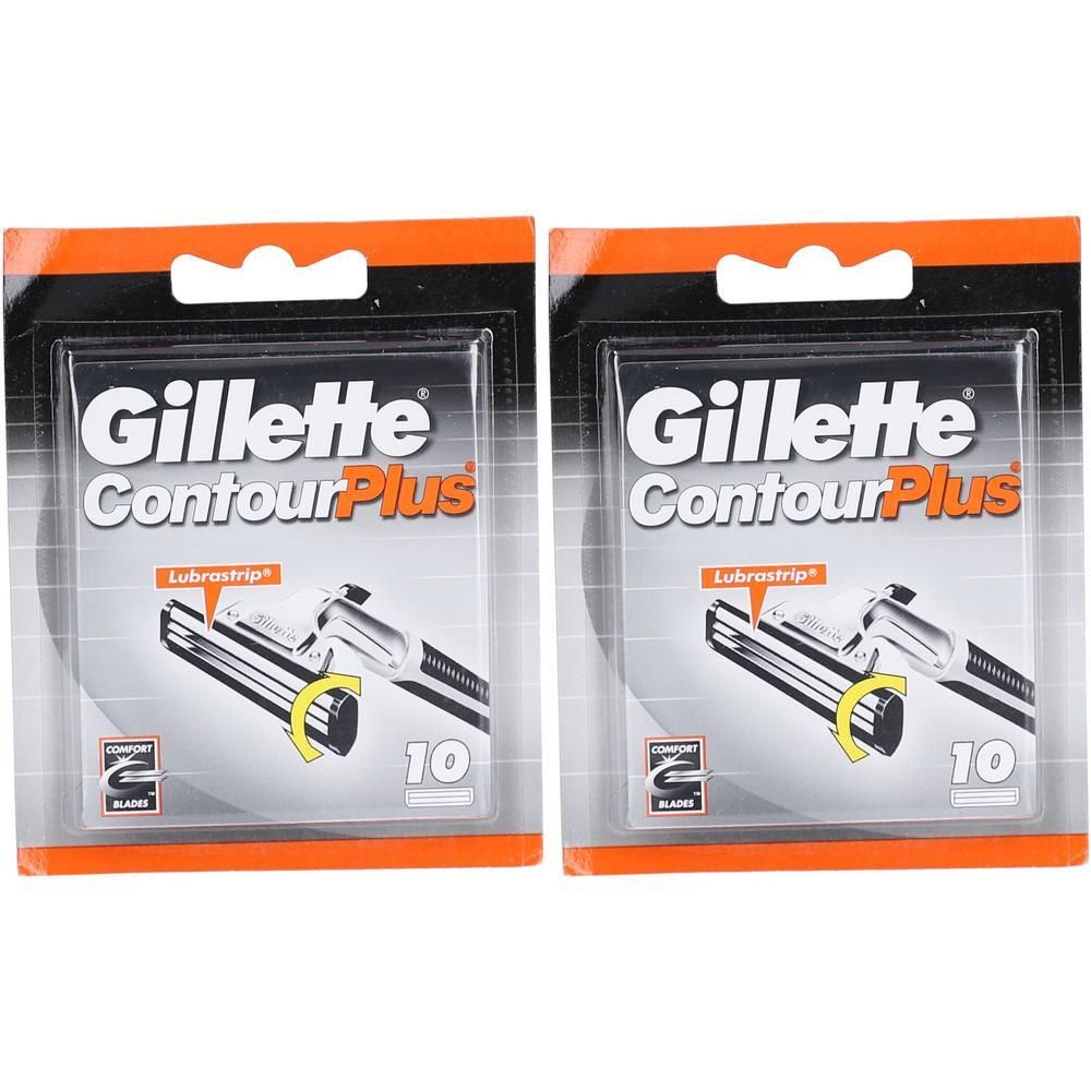 Zwei Packungen Gillette Contour Plus Ersatzklingen. Schwarze Verpackung mit Produktabbildung und Schriftzug. 10 Klingen pro Packung.