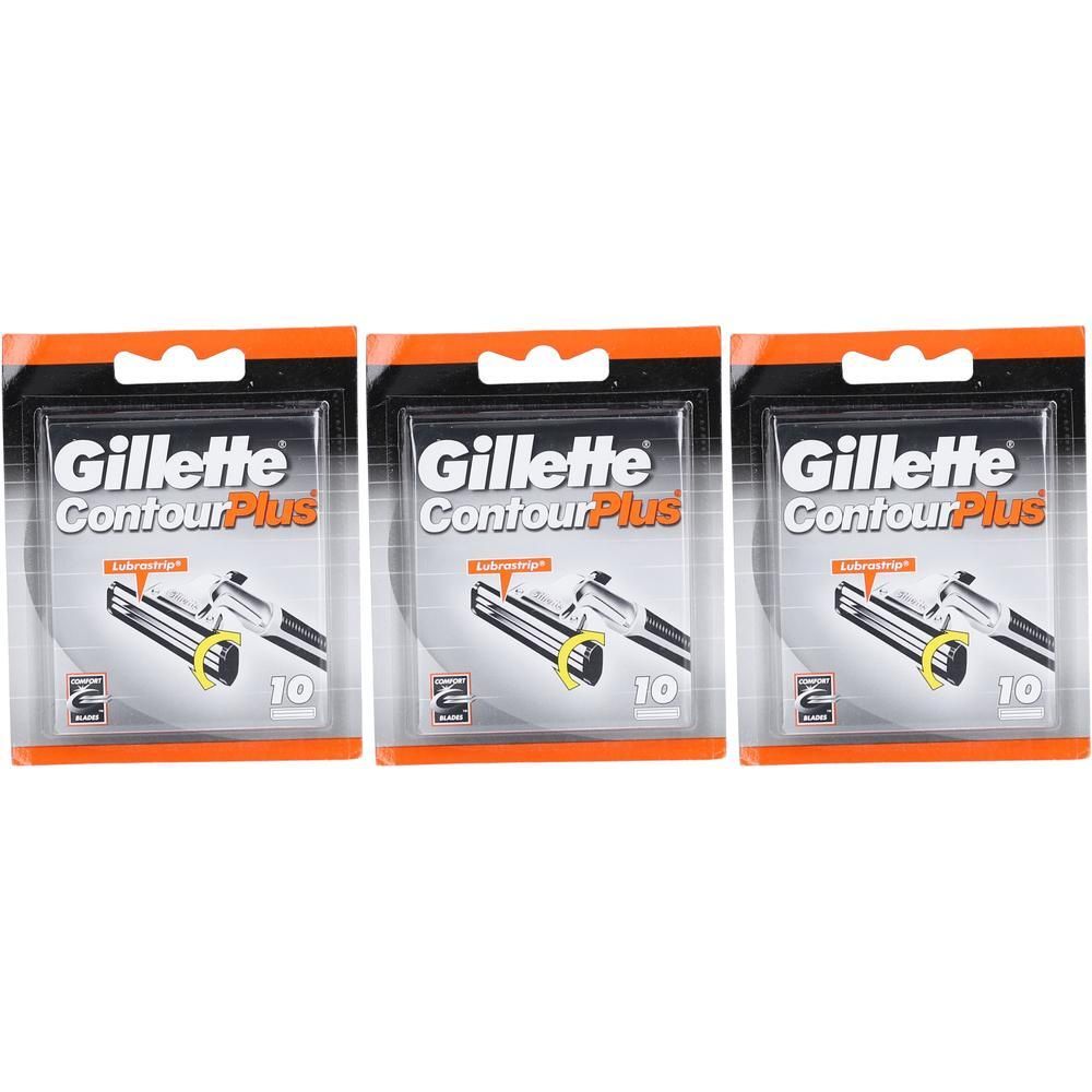 Drei Packungen Ersatzklingen. Jede Packung zeigt den Schriftzug "Gillette Contour Plus" und "10".