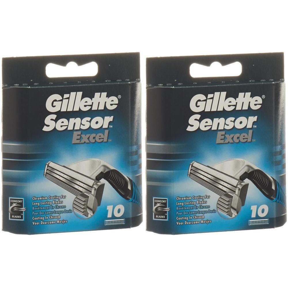 Deux paquets de lames de rasoir Gillette Sensor Excel. Emballage noir avec image du produit et texte.