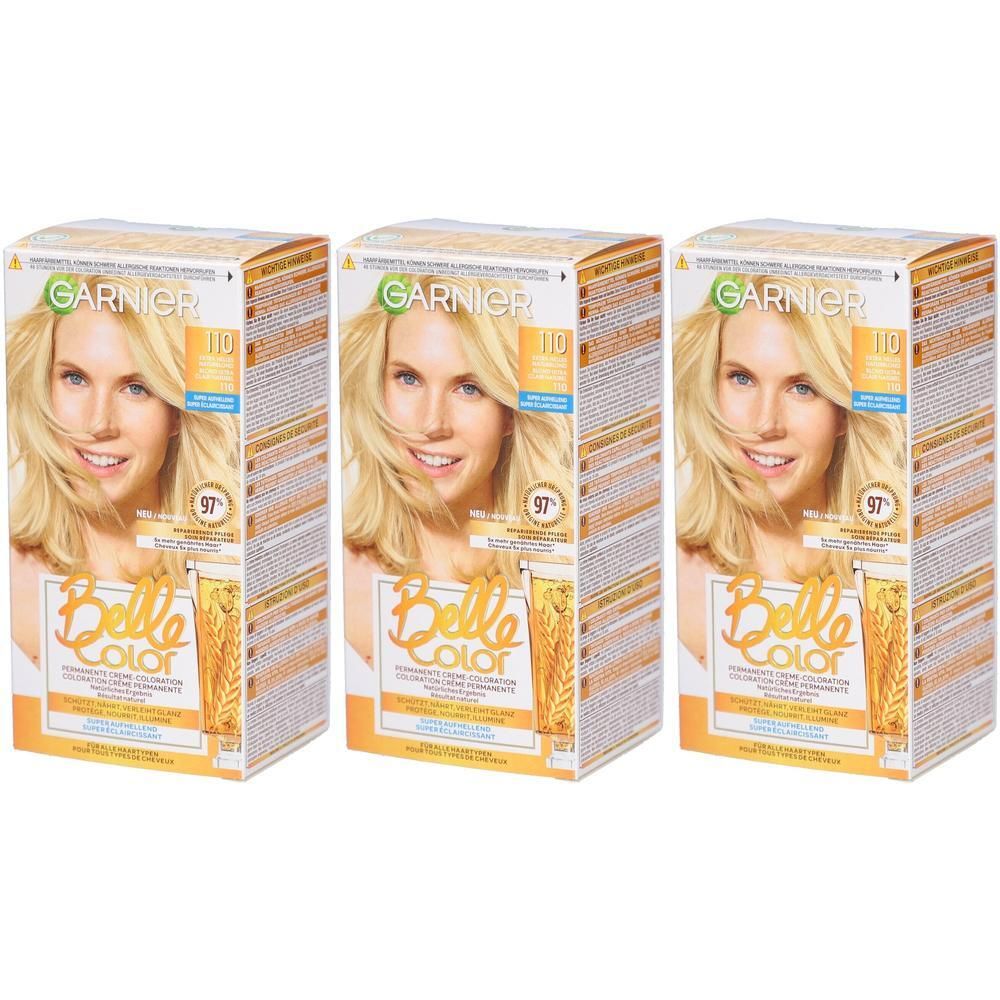 Trois boîtes de coloration capillaire. Chaque boîte présente une femme blonde. La marque est Garnier Belle Color.
