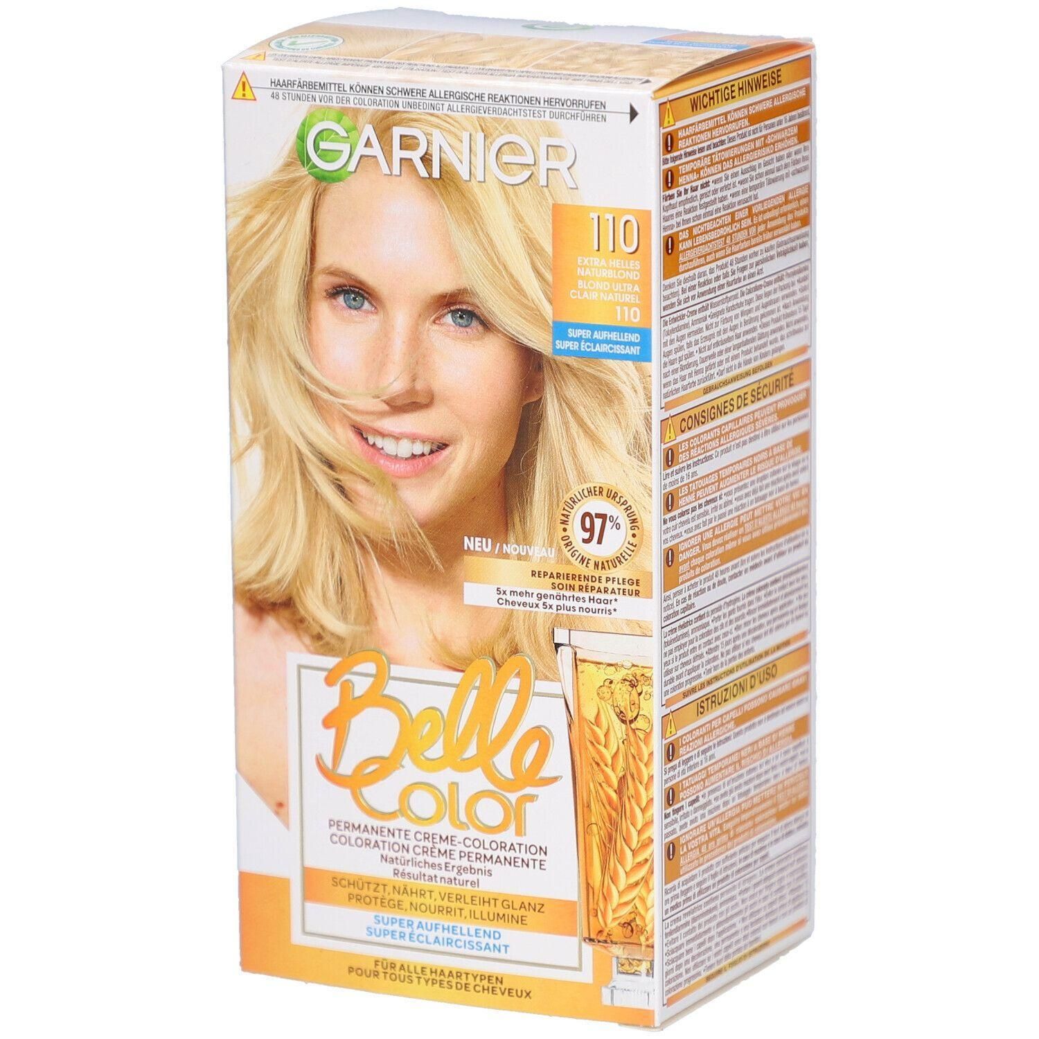 Boîte de coloration capillaire Belle Color. Le logo Garnier, le numéro de couleur 110 et une photo d'une femme blonde sont visibles sur l'emballage.