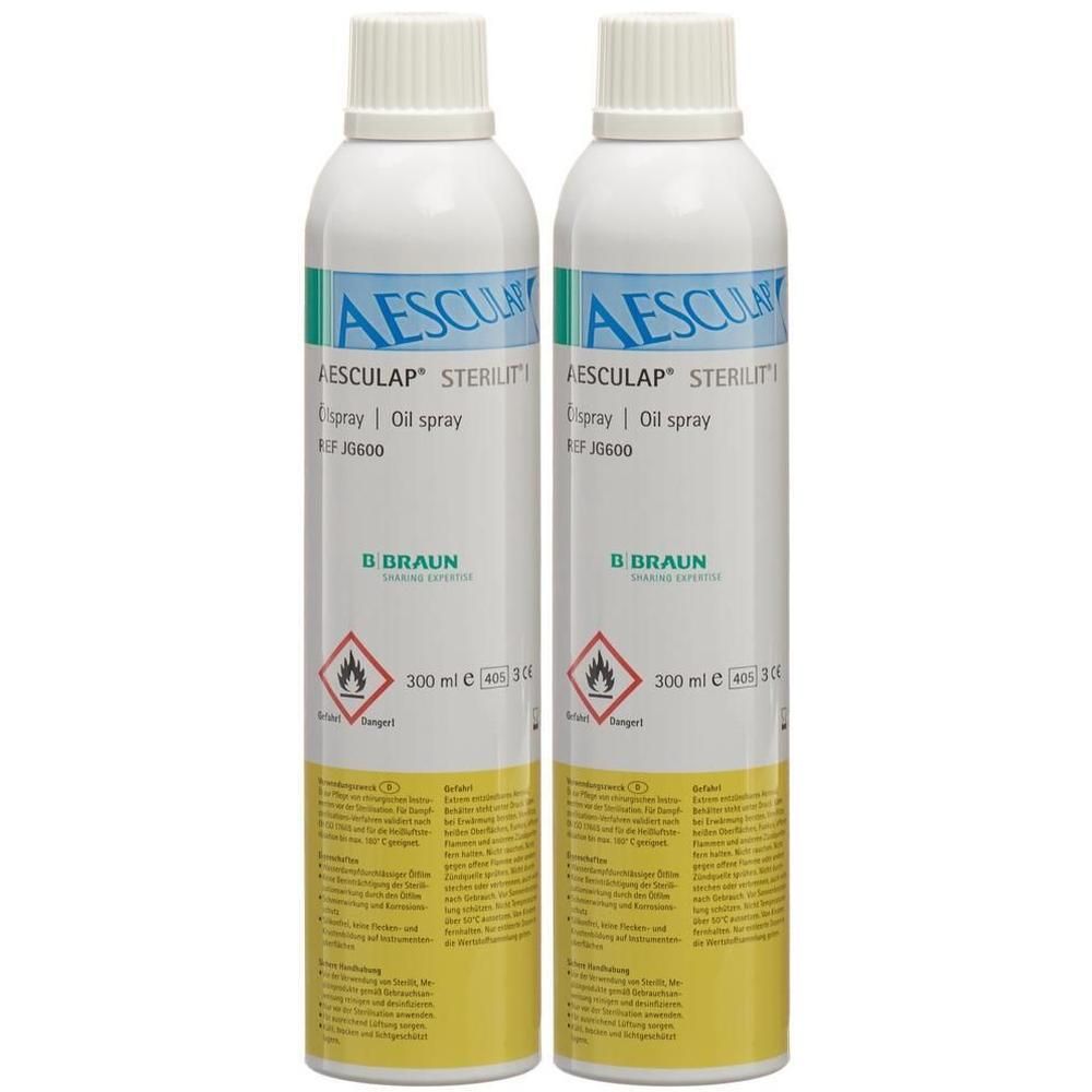Zwei AESCULAP STERILIT Öl-Sprühdosen, 300 ml, mit B. Braun Logo und Gefahrensymbolen.