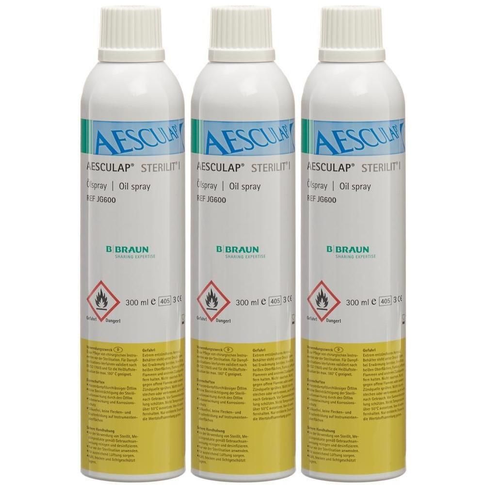Drei Aerosoldosen Aesculap Sterilit Öl-Spray, 300 ml, mit B. Braun Logo.