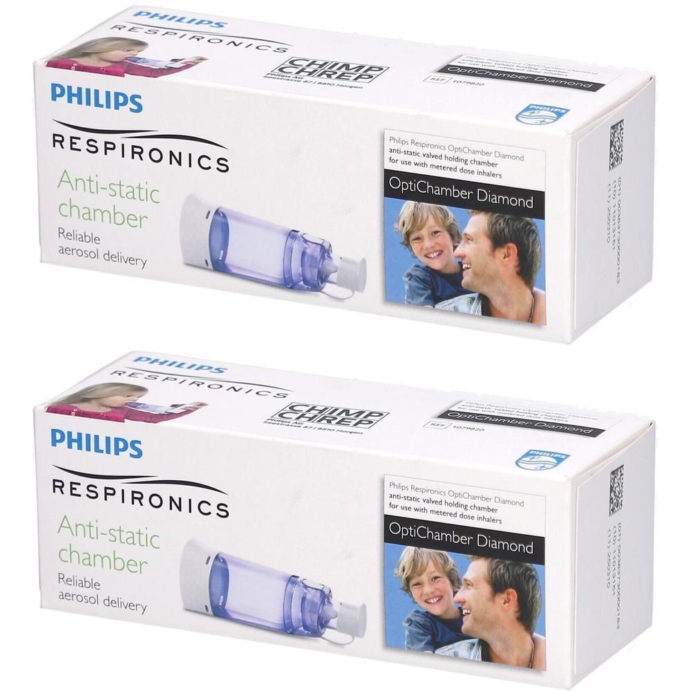 Zwei Packungen OptiChamber Diamond Inhalierhilfe. Weiße Kartons mit Produktabbildung und Text. Marke Philips Respironics.