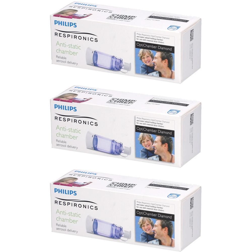 Drei Packungen OptiChamber Diamond Inhalierhilfe. Jede Packung zeigt ein Produktbild und den Markennamen Philips Respironics.
