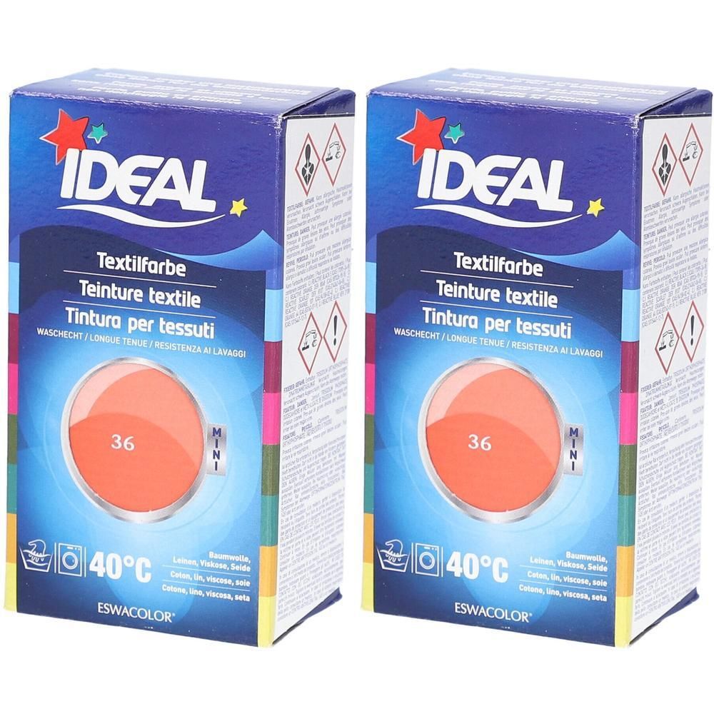 Zwei Schachteln IDEAL Textilfarbe, Koralle, Nr. 36. Für Baumwolle, Leinen, Viskose, Seide. Waschbar bei 40°C.