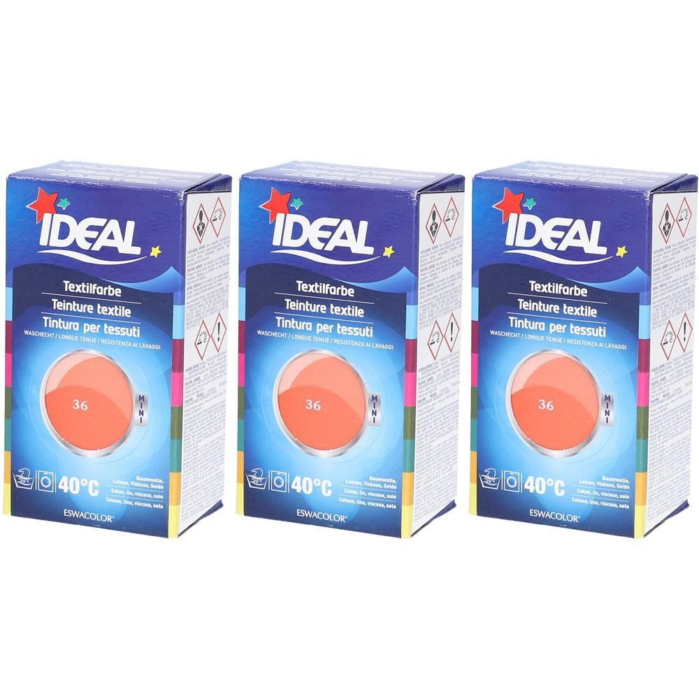 Drei Schachteln Ideal Textilfarbe Nr. 36 Korall. Für 40°C Wäsche. Baumwolle, Leinen, Viskose, Seide.
