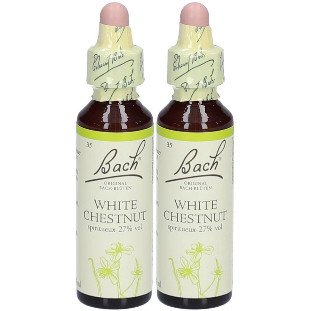 Zwei braune Flaschen mit weißem Etikett. Aufschrift: Bach Original Bach-Blüten White Chestnut. Mit Tropfverschluss.