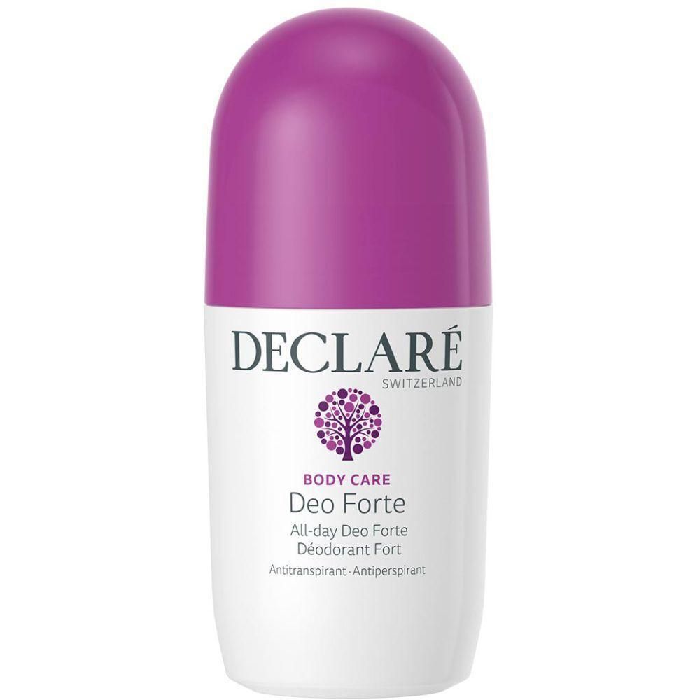 Deo Forte Roll-on. Weißes Roll-on-Fläschchen mit lila Kappe. Text: DECLARÉ, Body Care, Deo Forte, All-day Deo Forte, Déodorant Fort, Antiperspirant.