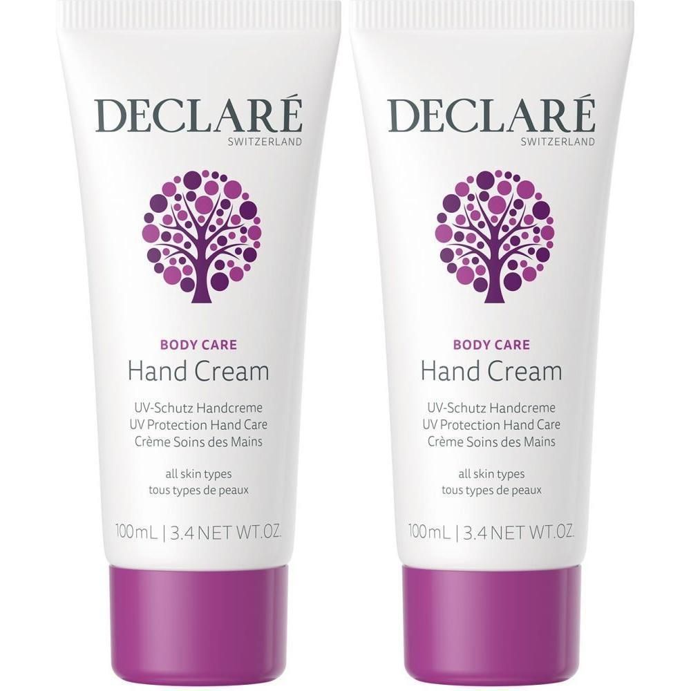 Zwei Tuben Handcreme. Weiß, mit lila Akzenten und Logo. Text: DECLARE, Hand Cream, UV Protection, für alle Hauttypen.