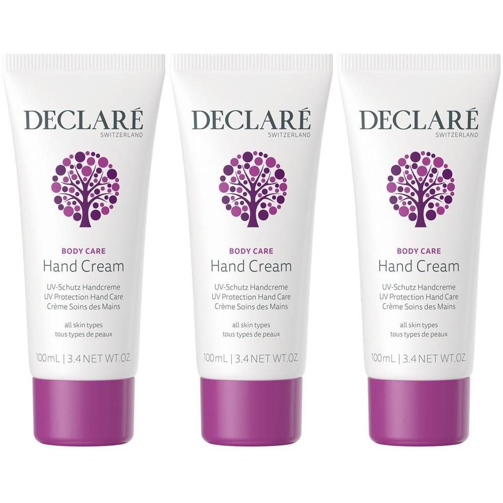 Drei Tuben Handcreme. Weiß, mit lila Verschluss. Aufschrift: DECLARE, Hand Cream, UV-Schutz, für alle Hauttypen.