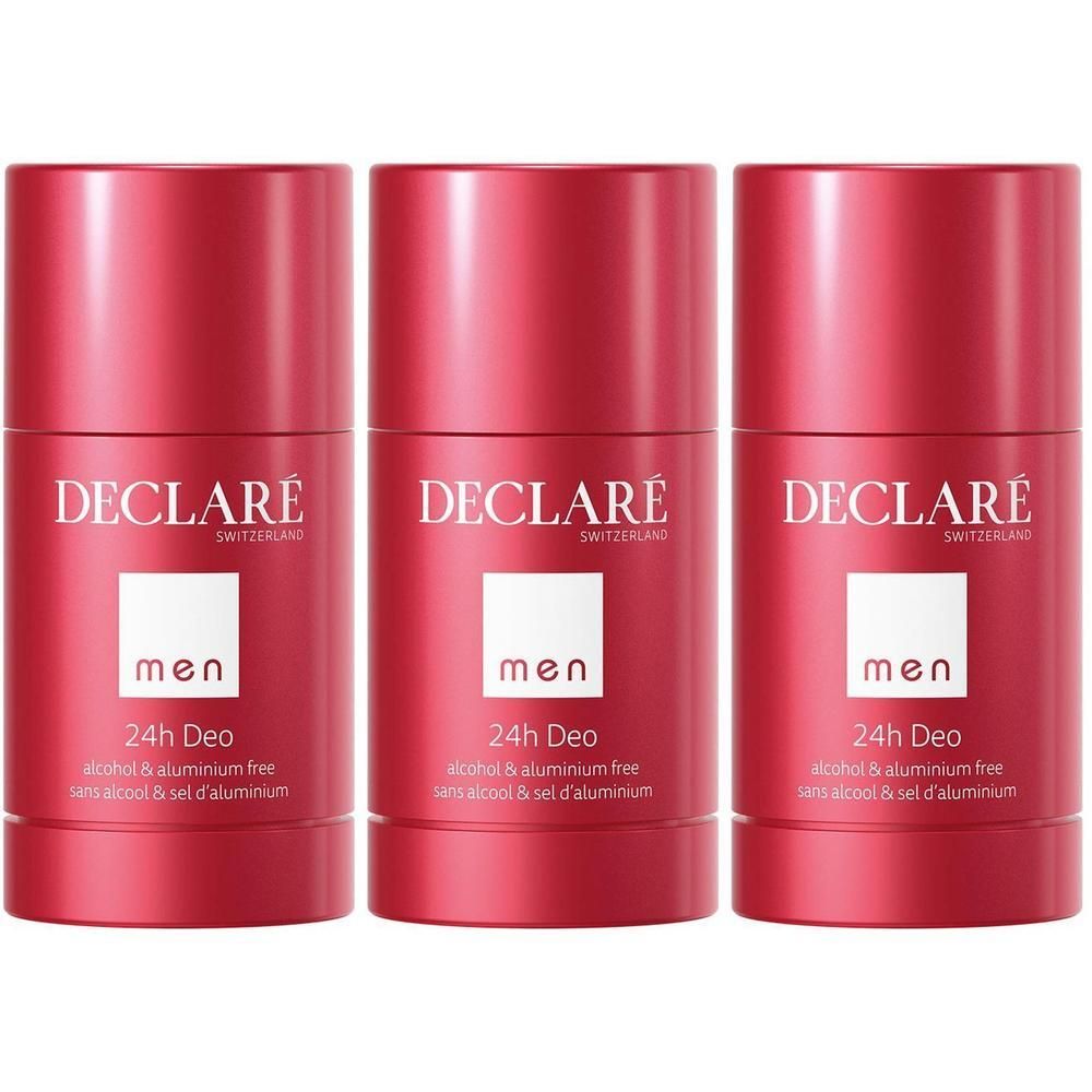 Trois sticks déodorants rouges. Inscription: DECLARE Men 24h Deo, sans alcool et sels d'aluminium.