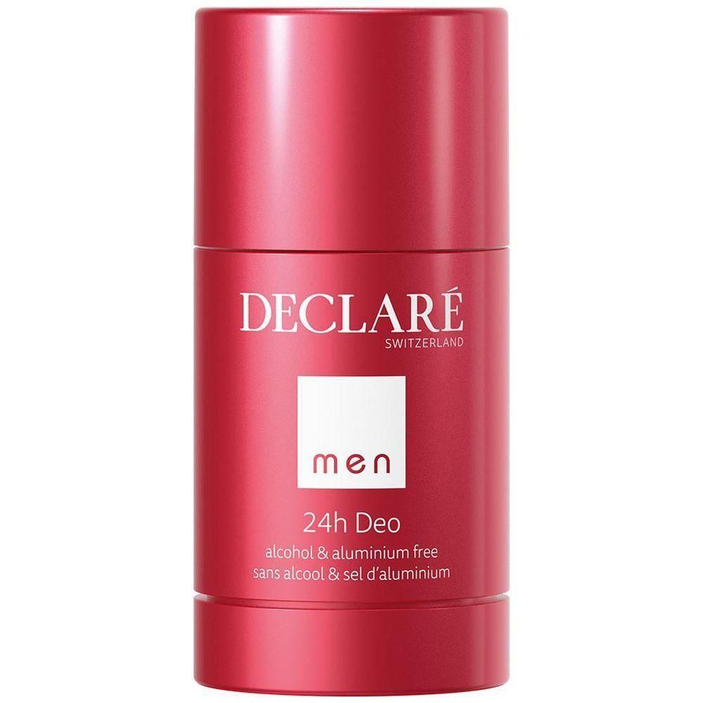 Stick déodorant rouge avec texte blanc. DECLARÉ, Switzerland, men, 24h Deo, sans alcool & sel d'aluminium.