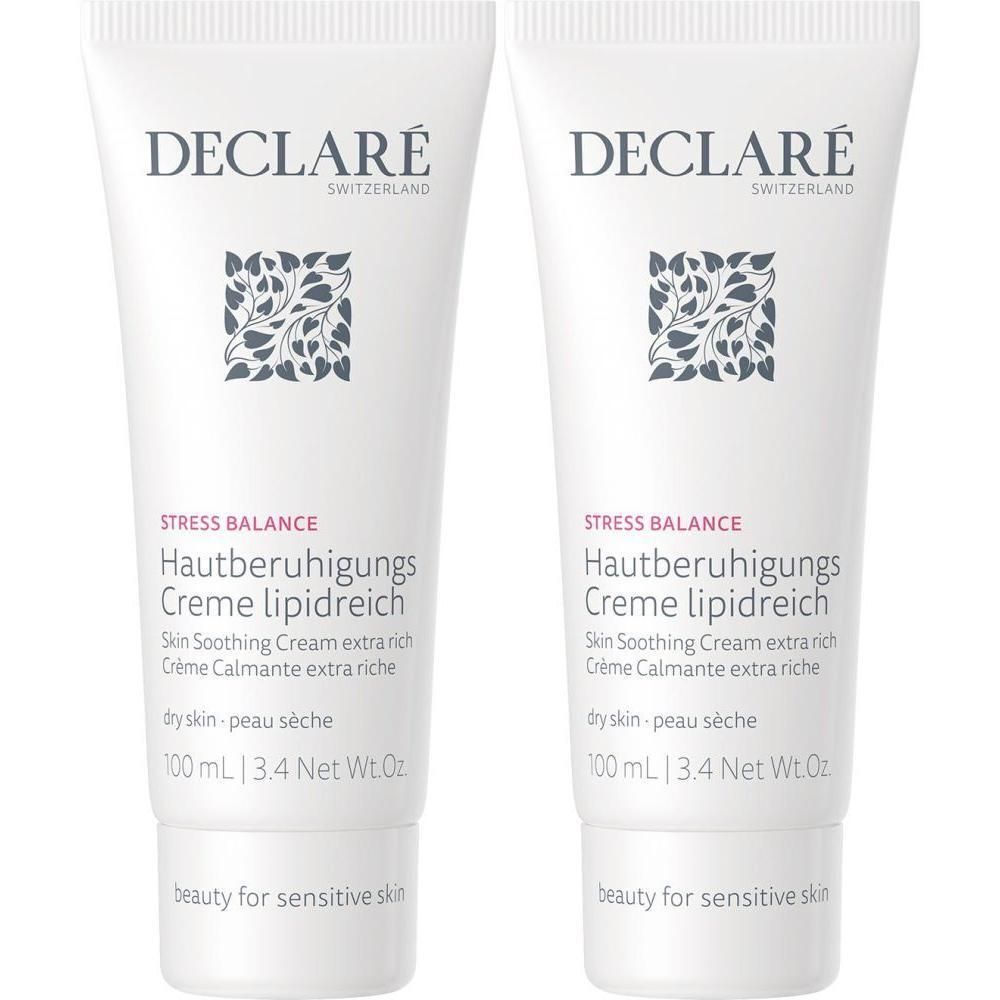 Zwei weiße Tuben DECLARÉ Hautberuhigungs Creme lipidreich, 100ml.