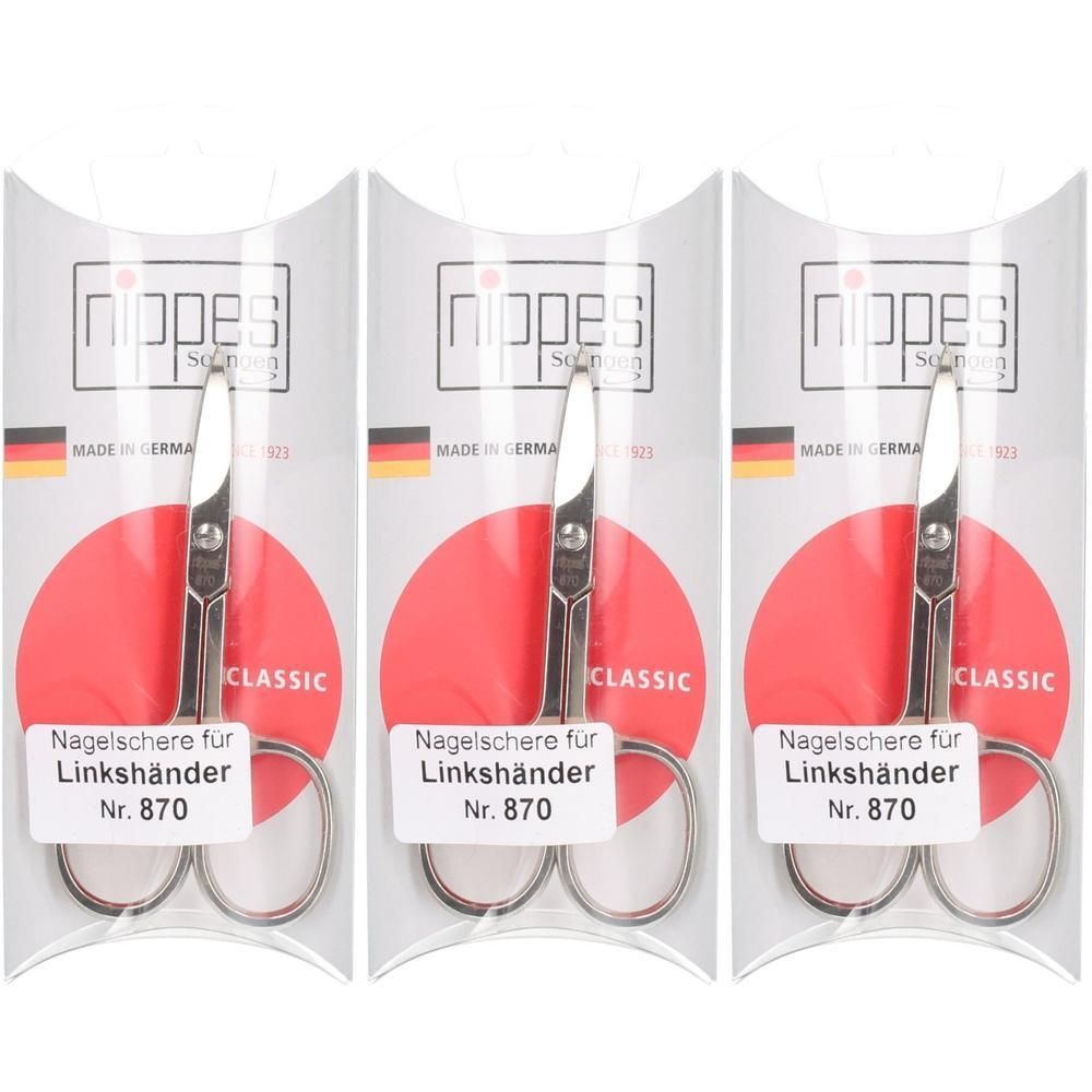 Drei Nagelscheren für Linkshänder in Verpackung. Marke Nippes, Modell 870. Klingen aus Metall, Griffe mit Ösen. Made in Germany.