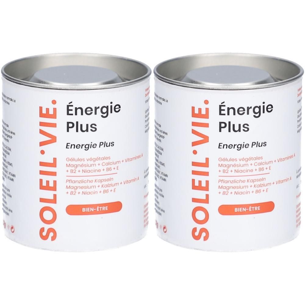 Zwei Dosen SOLEIL VIE Energie Plus. Weiße Dosen mit silbernen Deckeln. Aufschrift: Energie Plus, Gélules végétales, Magnesium, Calcium, Vitamine.