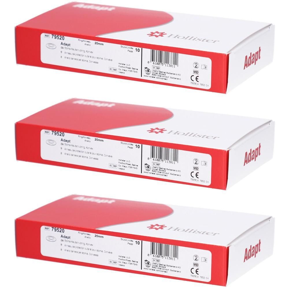 Drei Schachteln HOLLISTER Adapt Hautschutzring. Rote und weiße Verpackung. Aufdruck: Adapt, 20mm, 10 Stück. CE-Kennzeichnung.