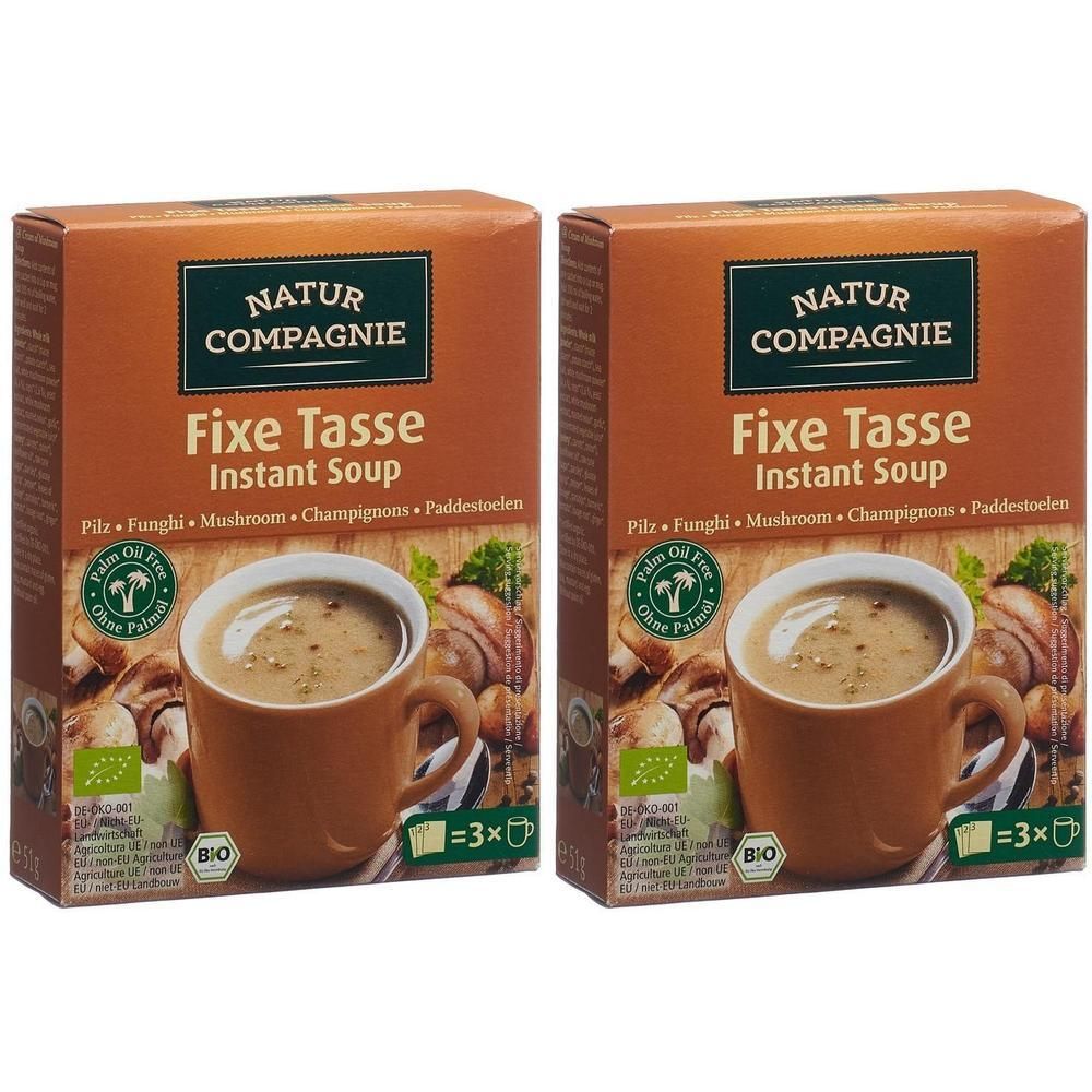 Zwei Kartons mit "Fixe Tasse Instant Soup". Aufdrucke: NATUR COMPAGNIE, Pilz, Bio-Siegel, Palmölfrei. Abbildung einer Tasse Suppe.