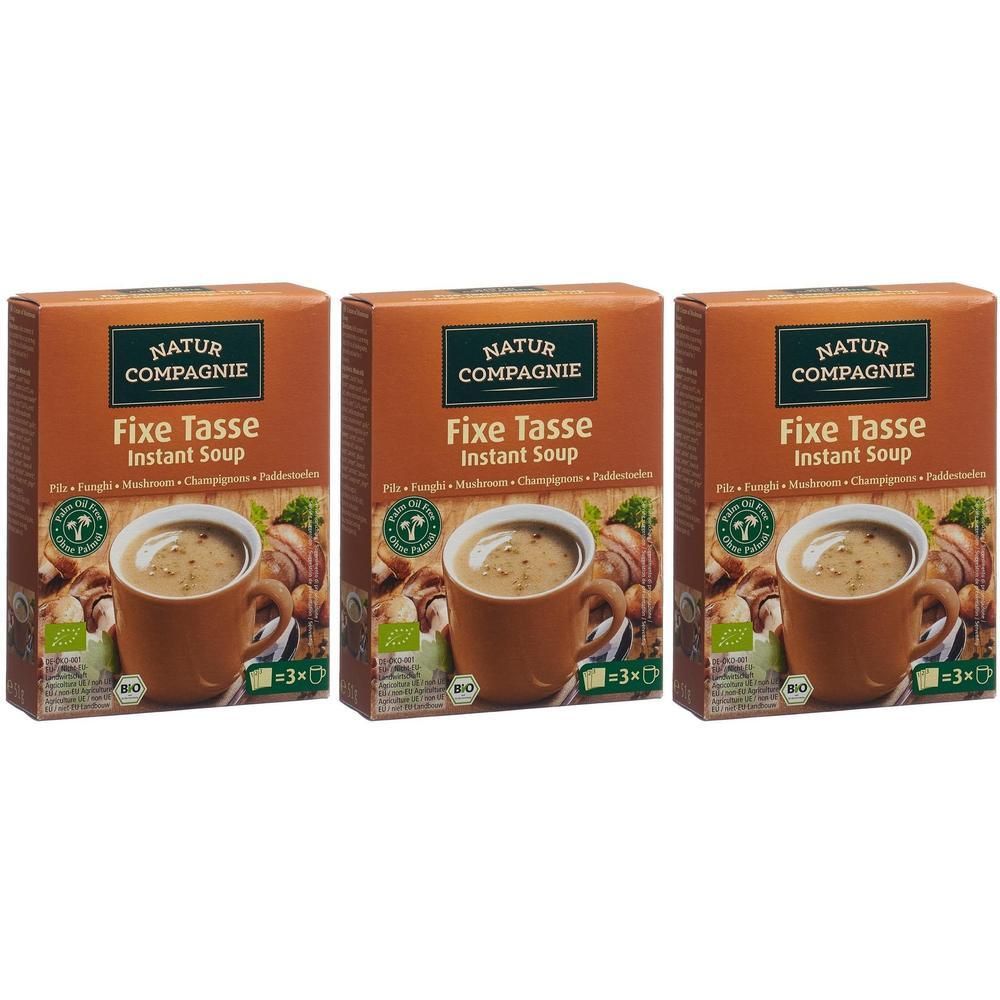 Drei Kartons NATUR COMPAGNIE Instant Suppe Pilz Bio. Auf jedem Karton ist eine Tasse Suppe abgebildet, daneben Pilze.