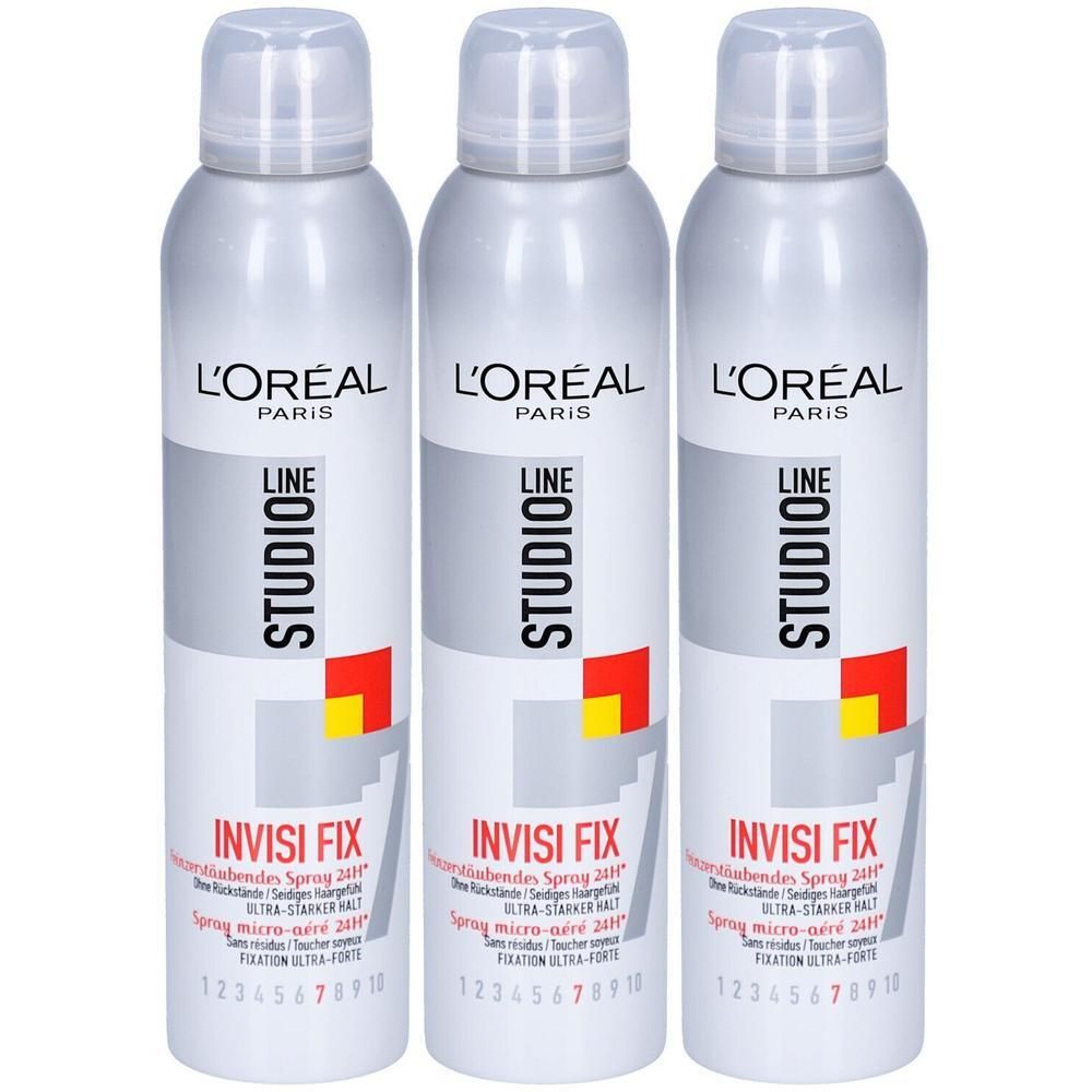 Trois bombes de laque L'Oréal Studio Line Invisi Fix fixation ultra-forte.