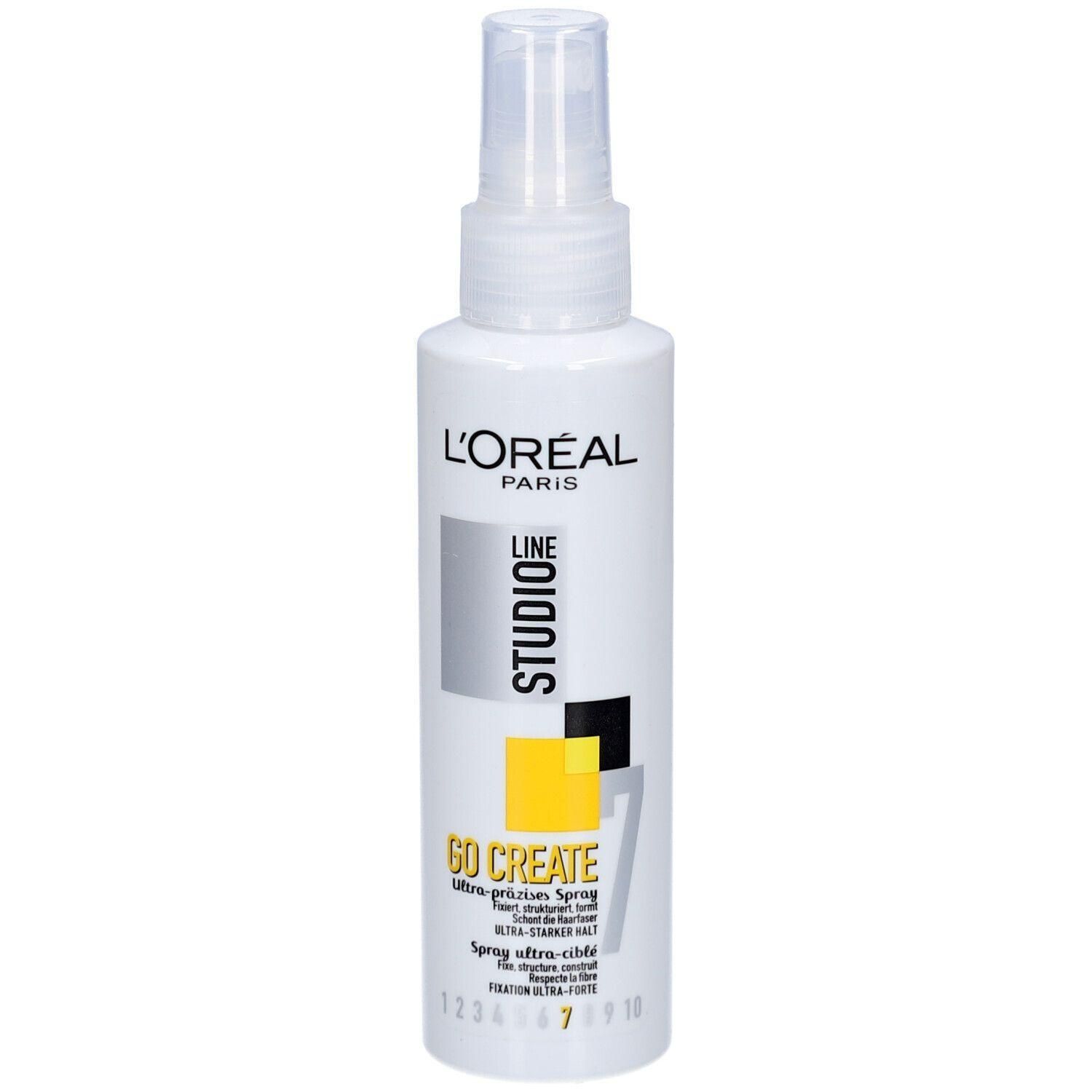 L'Oréal Studio Line Go Create Spray Flasche mit Sprühkopf. Weiße Flasche mit gelben und schwarzen Akzenten.